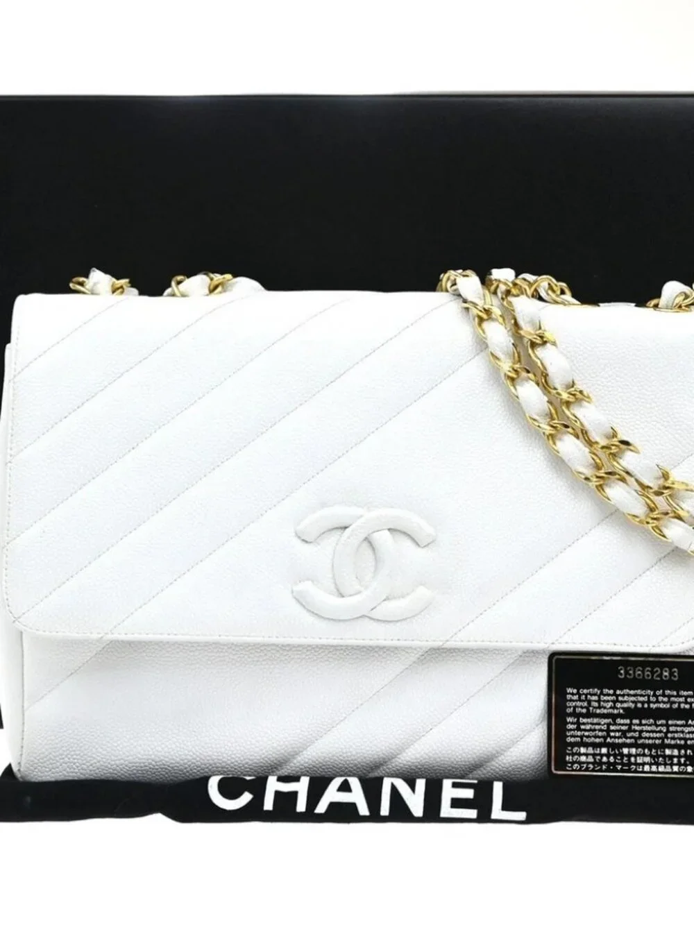 CHANEL CC Chain Shoulder Bag Grained Calfskin Leather White Vintage